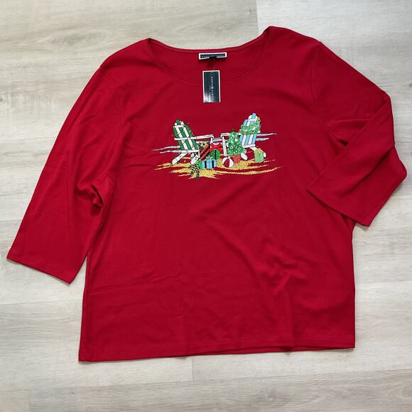 Karen Scott Womens Long Sleeve Crewneck Christmas Tee Beach Vibe Red 3X NWT - Picture 1 of 10